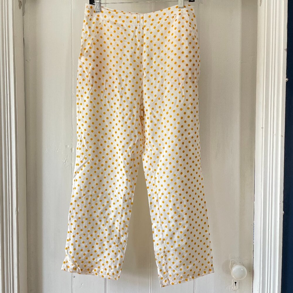 Anthropologie Paper Crane Pant Cotton Blend Lined Side Zip Sm Yellow Dots Flaw